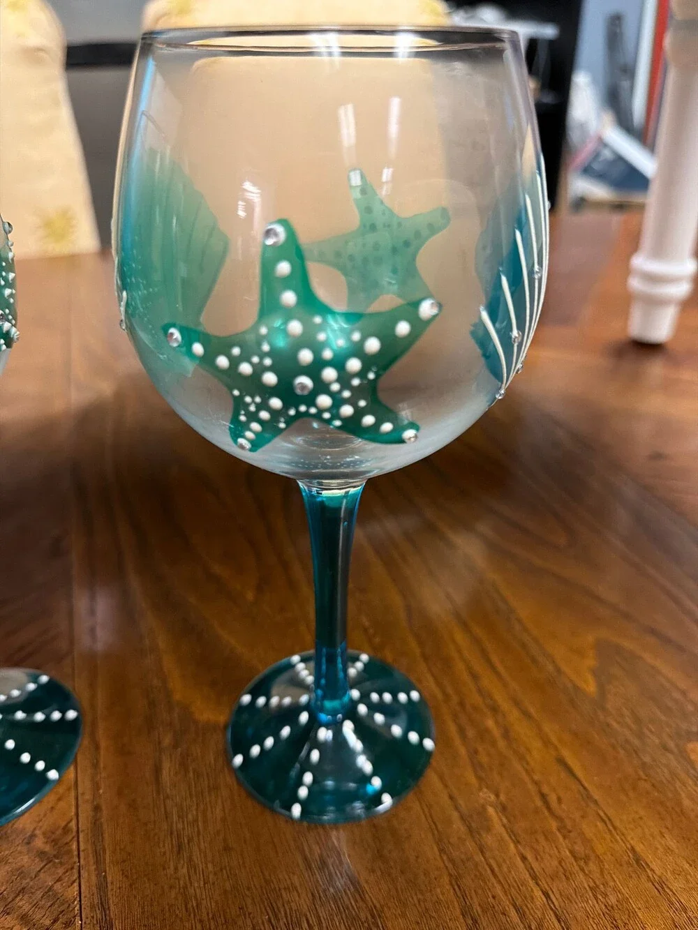 Hand Painted Seashell Wine Glass Set of 2 Teal Stemmed Glasses